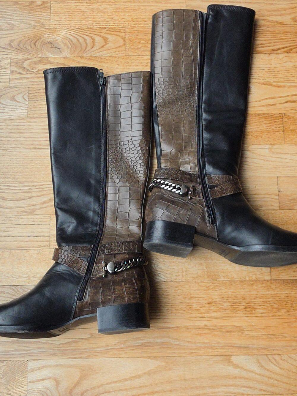 (9) NAPOLEONI Knee-High Leather Crocodile Black Brown Boots Fall Luxury Classic - Picture 8 of 10